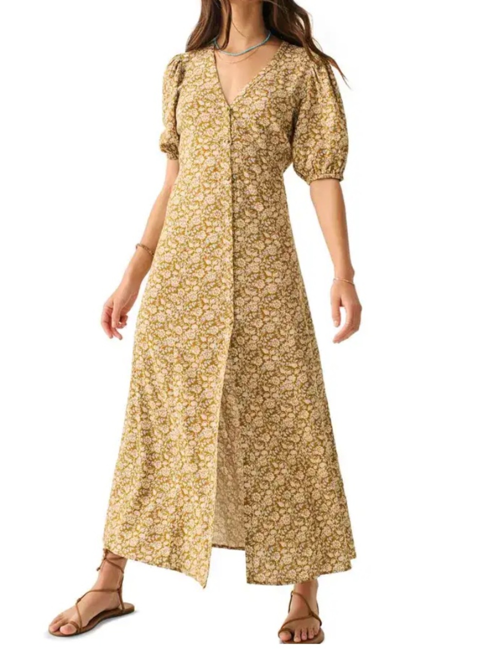 Faherty Havana Floral Linen Blend Maxi Dress Medium Golden Theodora Floral